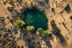 an aerial view of a small pool in the desert background photo