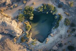 an aerial view of a small pool in the desert background photo