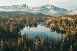 a lake surrounded by trees and mountains background photo