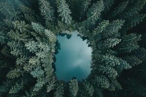 an aerial view of a lake surrounded by trees background photo