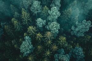 aerial view of forest with trees and fog background photo