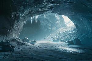 a cave with ice and rocks in it background photo