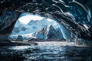 an image of an ice cave with water and snow background photo