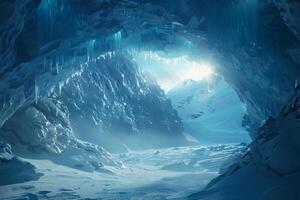 ice cave with snow and ice on the ground background photo