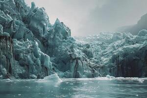 a large glacier with ice and water background photo