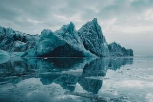 icebergs on the water with a cloudy sky background photo