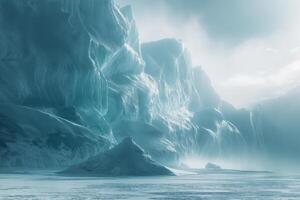 icebergs in the ocean, with a large mountain in the background photo