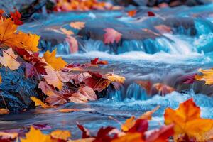 a stream of water flowing over rocks with colorful leaves background photo