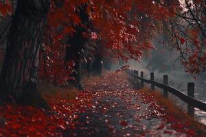 a path lined with red leaves and trees background photo