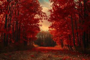 a red road in the middle of a forest background photo