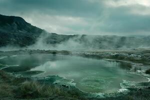 a large pool of water with steam coming out of it background photo