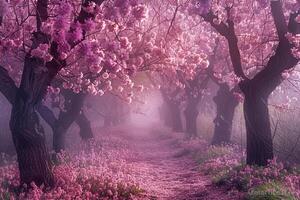 a path through a forest with pink trees background photo