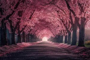 a path lined with pink trees and a light at the end background photo