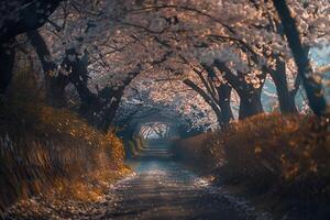 a path through a tunnel of cherry trees background photo