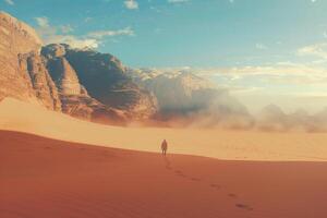 a man walking in the desert with footprints background photo