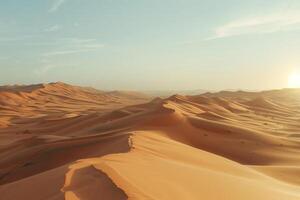 a desert landscape with sand dunes and mountains background photo