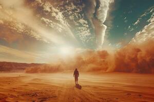 a man walking in the desert with sand blowing in the background photo