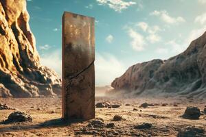 a large stone pillar in the middle of a desert background photo