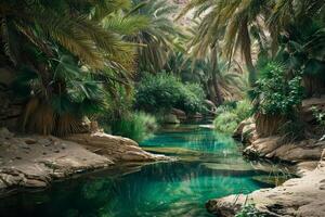 a river surrounded by palm trees and rocks background photo