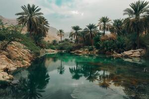 a river in the middle of a desert with palm trees background photo