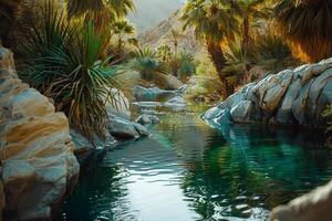 a stream runs through a rocky area with palm trees background photo