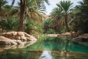 a river surrounded by palm trees and rocks background photo