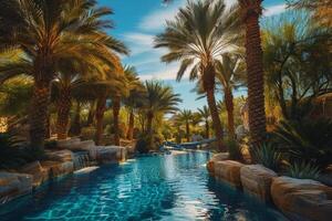 a pool surrounded by palm trees and rocks background photo