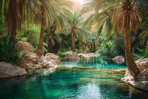 a river surrounded by palm trees and rocks background photo