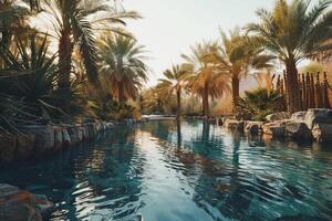a pool surrounded by palm trees and rocks background photo