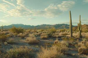 a desert scene with cactus trees and mountains background photo