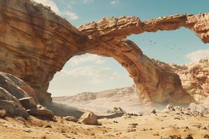 an arch in the desert with rocks and birds flying over it background photo