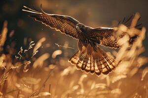 a hawk flying through a field of tall grass background photo