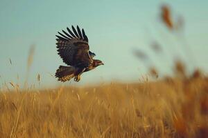 a hawk flying over a field of tall grass background photo