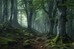 a forest with trees and mossy ground background photo