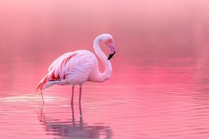 a pink flamingo standing in the water with a pink sky background photo