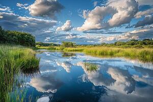 a river with clouds reflecting in it background photo