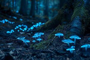 mushrooms glowing blue in the forest background photo