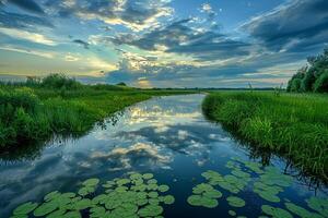 a river with lily pads and clouds reflected in it background photo