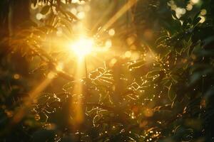 sunlight shining through leaves in the forest with background photo