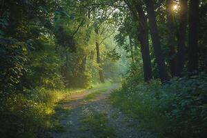 a dirt path through a forest with trees and grass with background photo