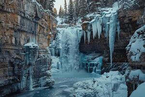 a waterfall surrounded by ice and trees with background photo