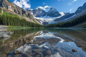 a mountain range reflected in a lake with background photo