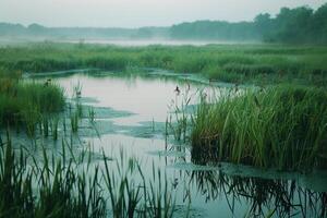a marshy area with tall grass and water with background photo