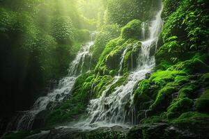 a waterfall in the jungle with green moss background photo