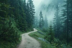 a path in the middle of a forest with trees and fog background photo