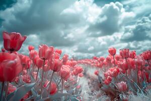 a field of red tulips under a cloudy sky background photo