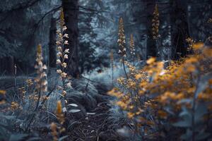 a forest with yellow flowers and trees background photo