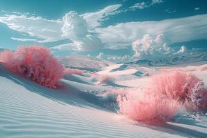 a desert with pink trees and a sky background photo
