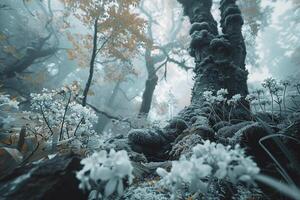 a forest with trees and flowers in the fog background photo