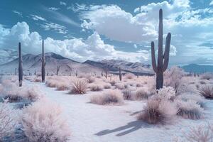 infrared desert landscape with cactus and mountains background photo